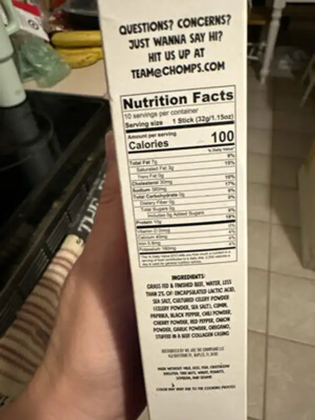 Chomps Taco Flavor nutrition facts table