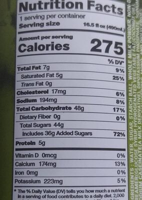 matcha bubble tea nutrition facts table