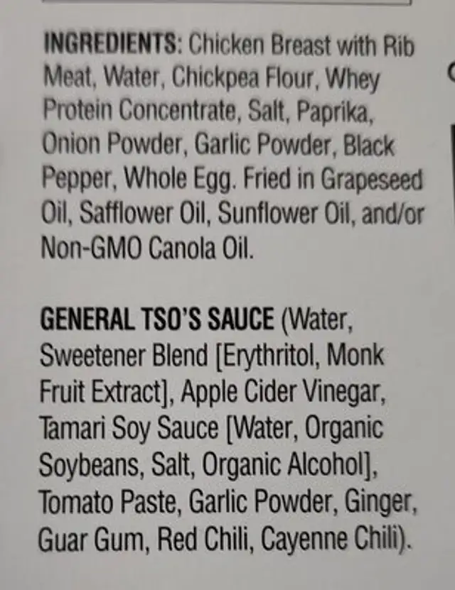 General Tso’s Chicken ingredients label