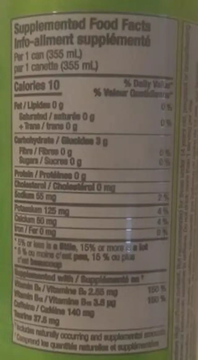 Lemon Lime Energy Drink nutrition facts table