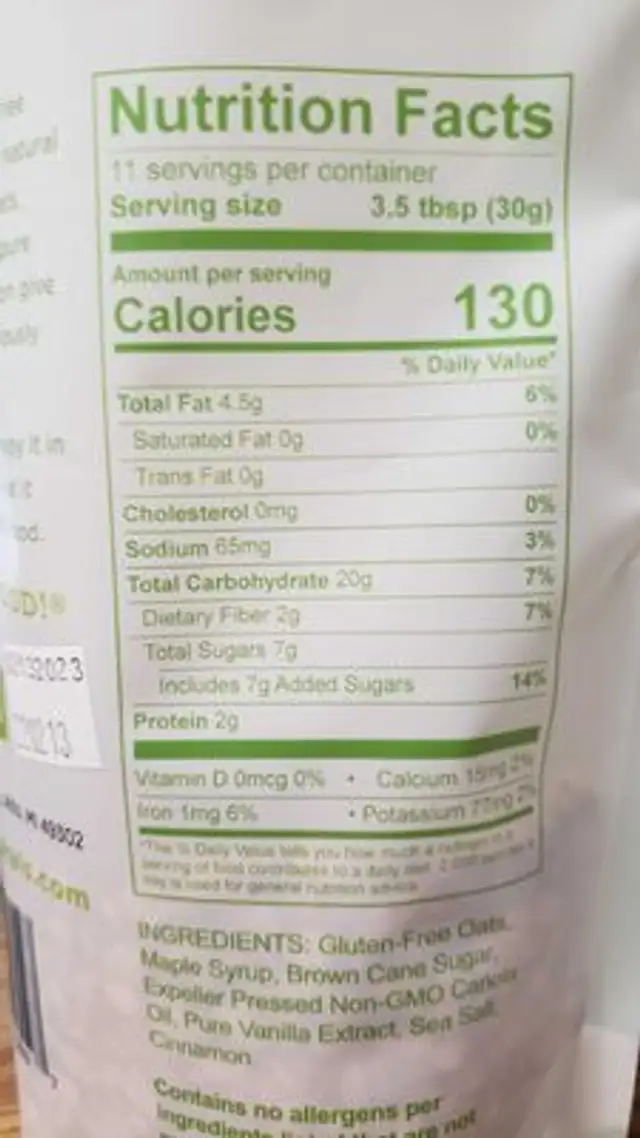 Nut Free Original Granola nutrition facts table