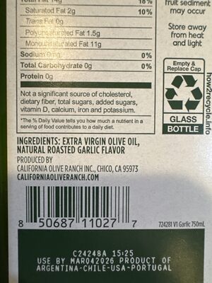 Garlic Infused Extra Virgin Olive Oil ingredients label