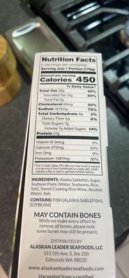 Miso Marinated Black Cod (Sablefish) nutrition facts table