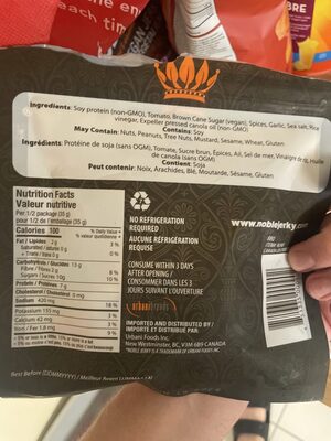 Vegan Jerky - Sweet BBQ Doux nutrition facts table