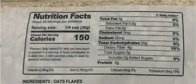Flocon d’avoine nutrition facts table