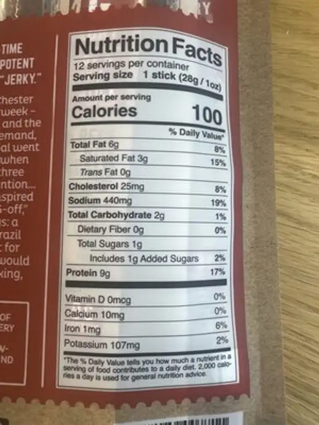 O.G. Hickory Savory & Smoky Beef Stick nutrition facts table