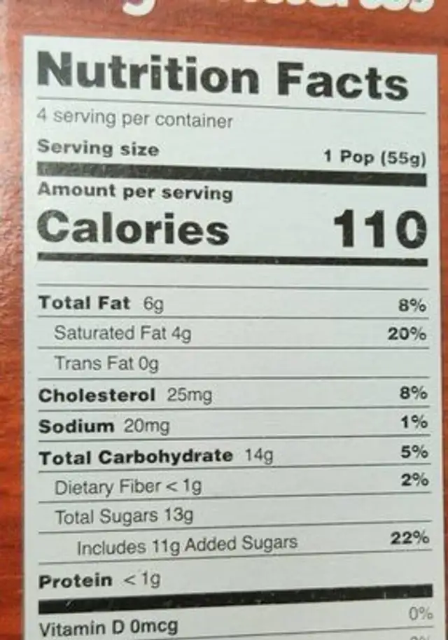 Pumpkin Pie popsicles nutrition facts table