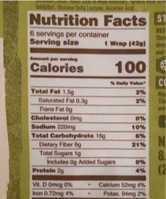 BFree Multi-Grain Wraps nutrition facts table