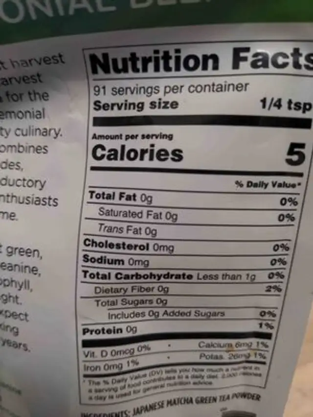 Matcha nutrition facts table