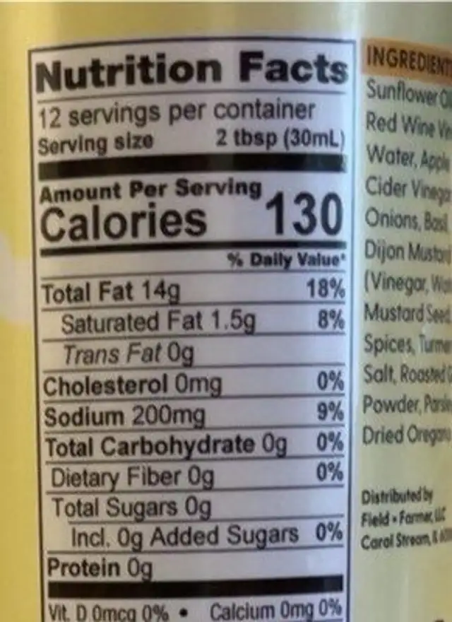 Roasted Garlic Italian Vinaigrette nutrition facts table
