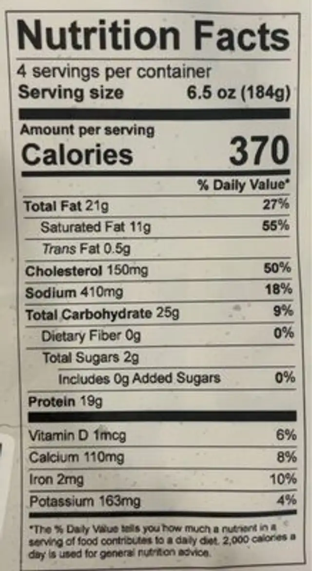 Shrimp Alfredo nutrition facts table