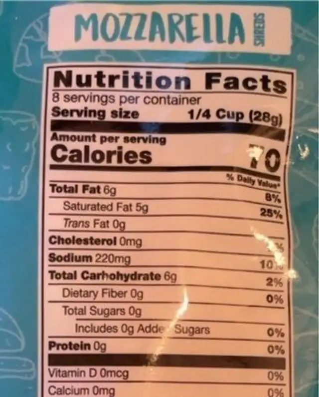 Mozzarella Style Plant-Based Cheese Shreds nutrition facts table
