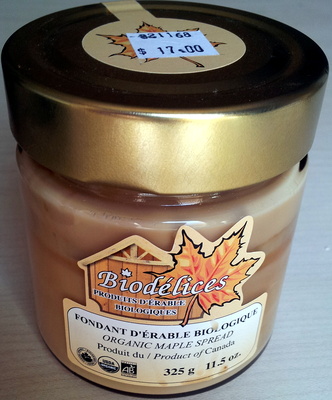 Fondant d'érable biologique front packaging