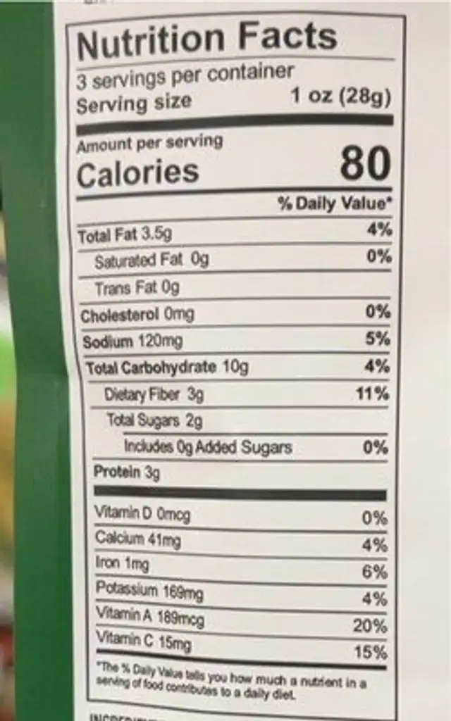 Brads raw chip kale nutrition facts table