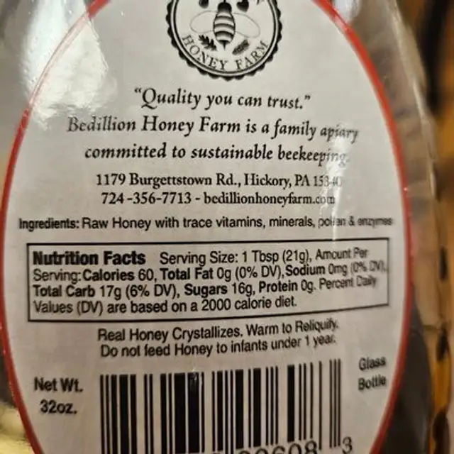 Bedillion Honey Farm ingredients label