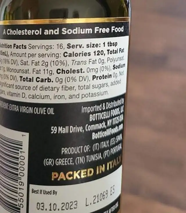 Extra Virgin Olive Oil nutrition facts table