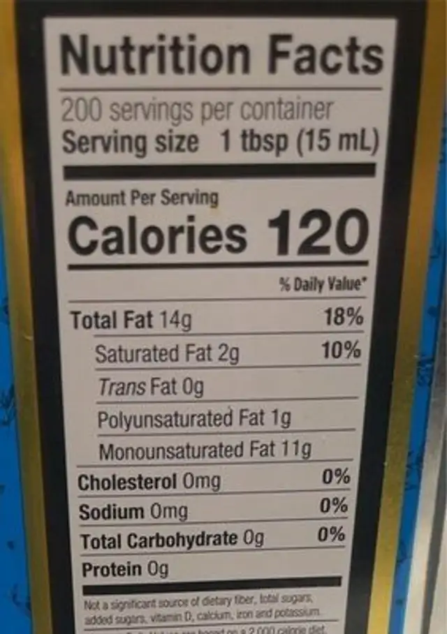 100% Pure Olive Oil nutrition facts table
