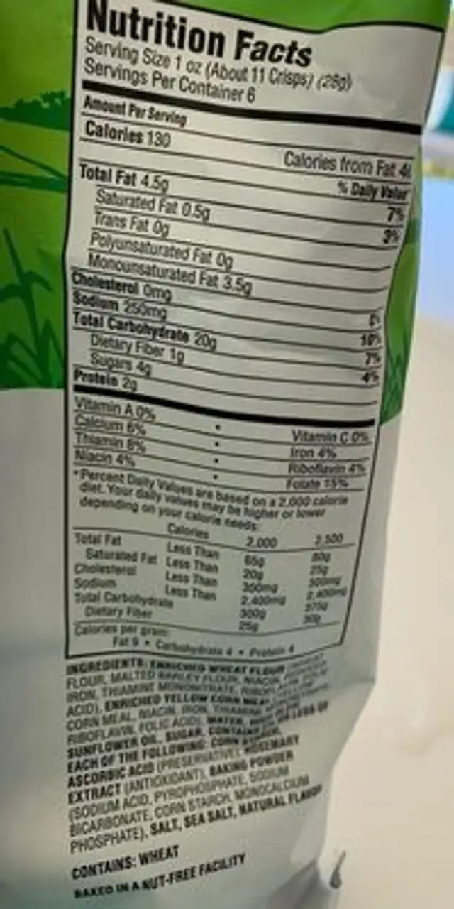 Original cornbread crisps nutrition facts table