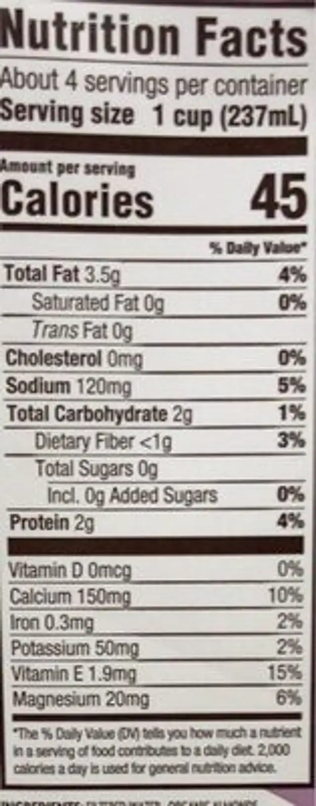 Organic Vanilla Bean Unsweetened Almondmilk nutrition facts table