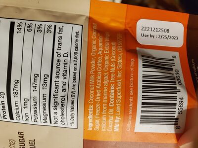 Sweet & Creamy Superfood Instant Latte ingredients label