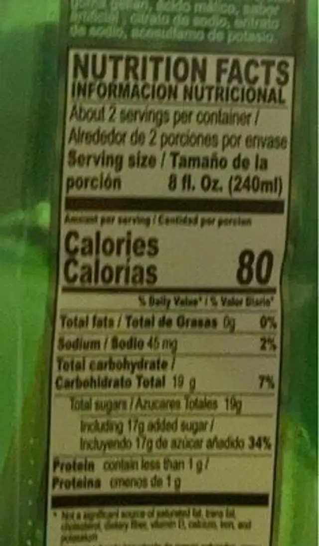 Aloe nutrition facts table