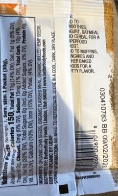 Organic Super Seeds Chia, Flaxseed Meal & Hulled Hemp Seeds nutrition facts table