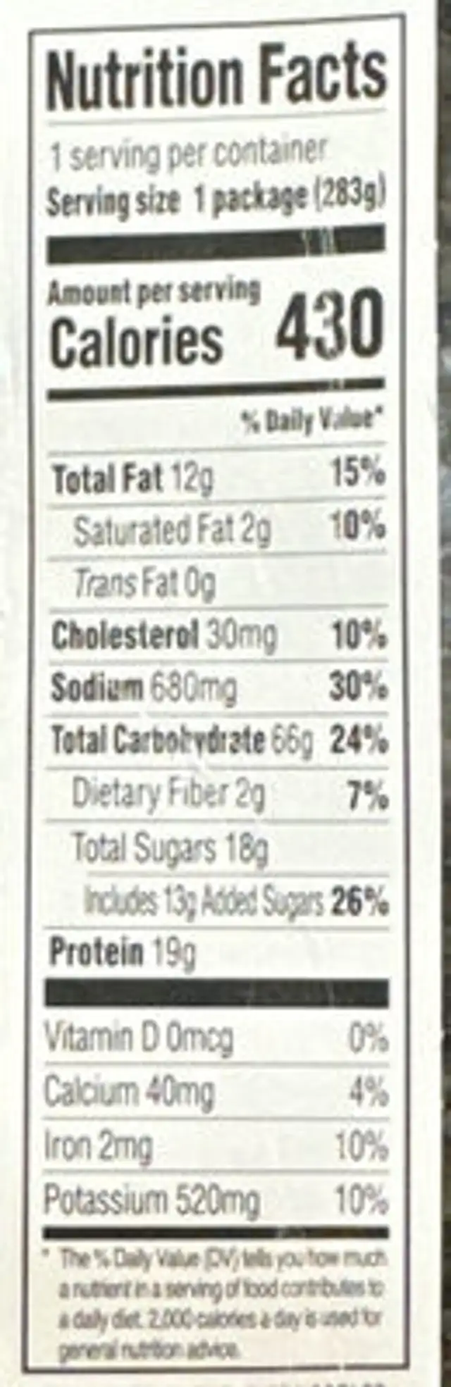 Unknown nutrition facts table