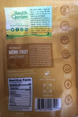 Monk Fruit Classic Sweetener nutrition facts table