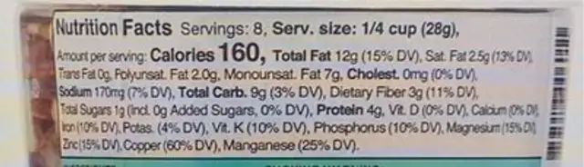 Sea Salt Wrapped Cashews nutrition facts table