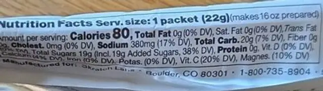 Sport hydration drink mix, lemon & lime nutrition facts table
