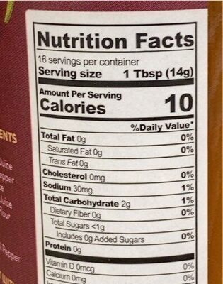 Sweet Chili Sauce nutrition facts table