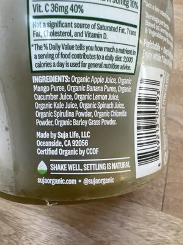 Organic Green Delight ingredients label