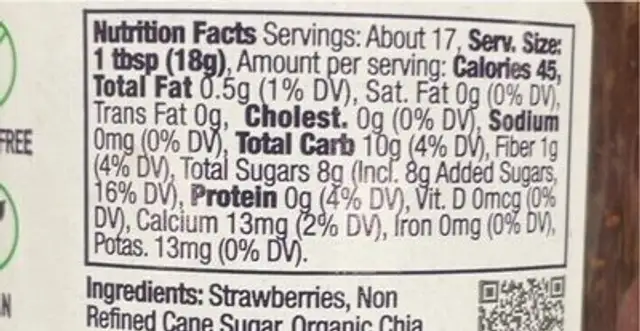 Chia Strawberry Fruit Spread nutrition facts table