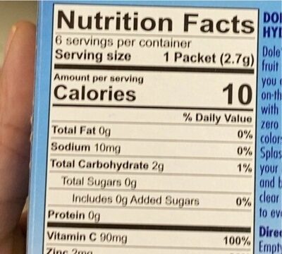 Tropical Splash nutrition facts table