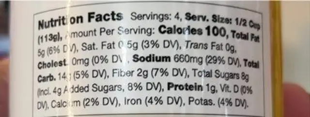 pasta sauce nutrition facts table