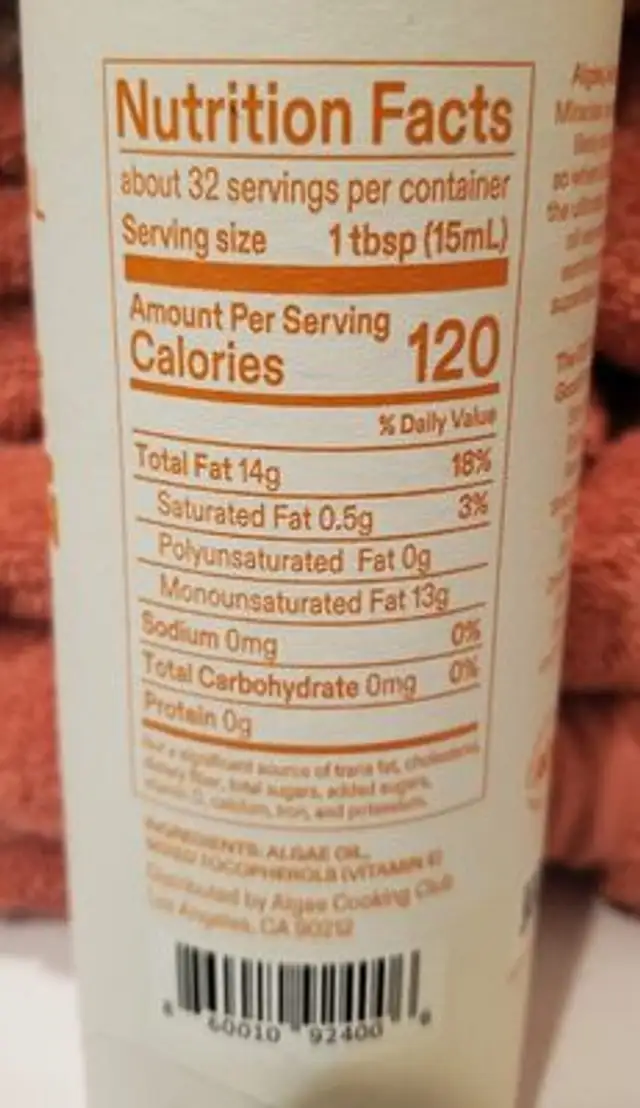 Algae Cooking Oil nutrition facts table