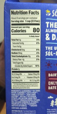 Organic Date-sweetened Almond milk Vanilla nutrition facts table