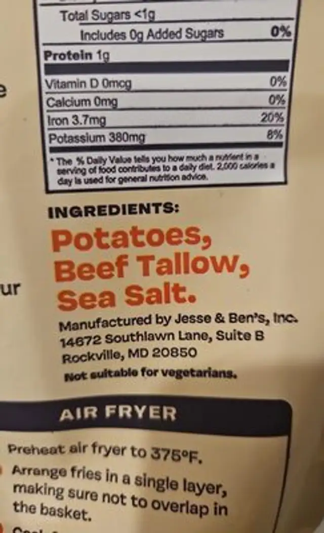 Tallow & Sea Salt Fries ingredients label