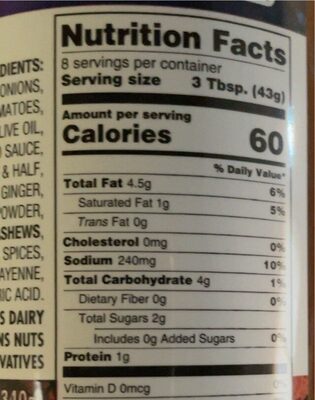 Indian Curry Korma Masala nutrition facts table