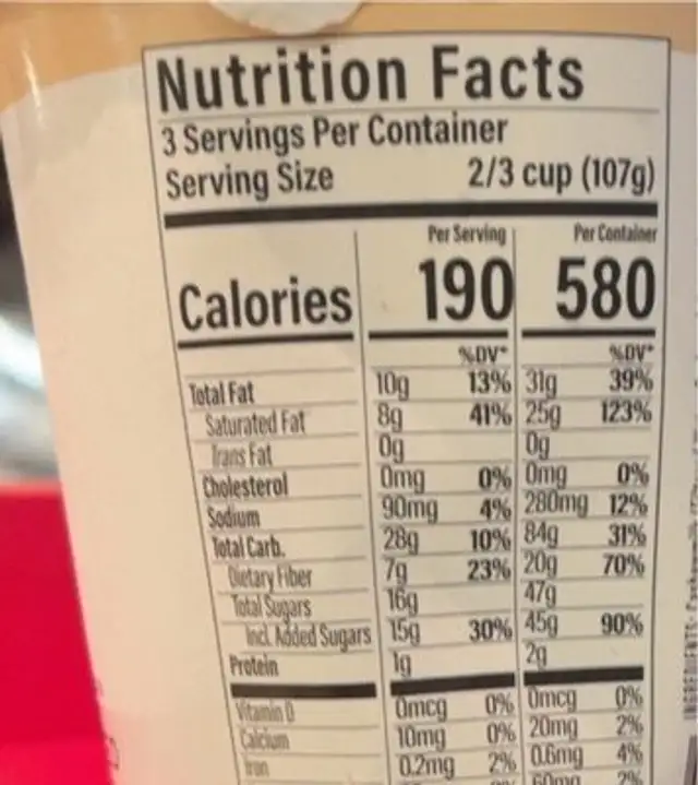 Killa' Vanilla Frozen Dessert nutrition facts table