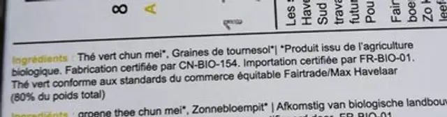 The vert bio CHun Mei ingredients label