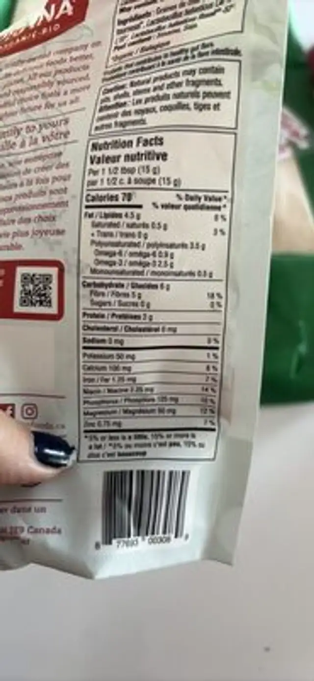 proactiv chia whole·entier black·noir nutrition facts table