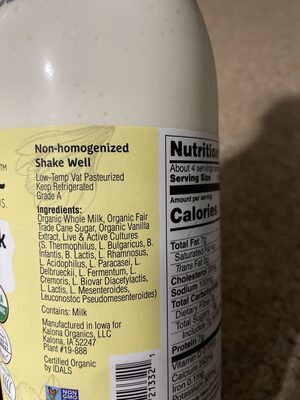 Organic Kefir - Vanilla ingredients label
