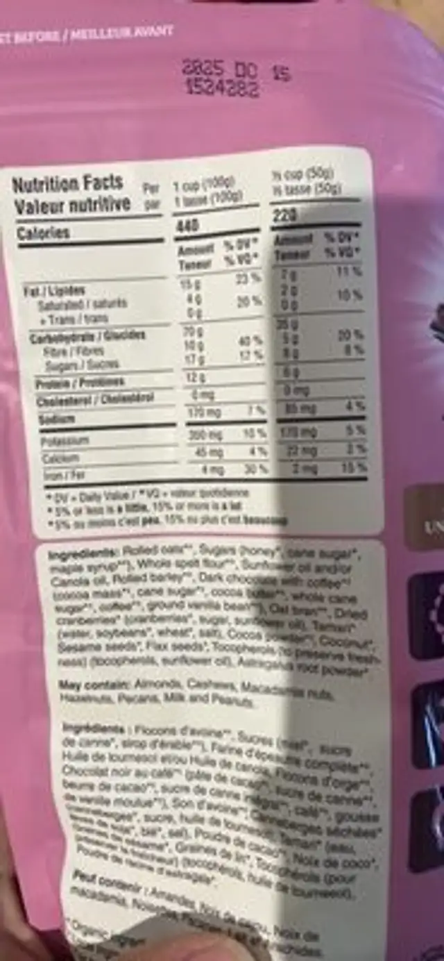 GRAND GRANOLA TONIK nutrition facts table