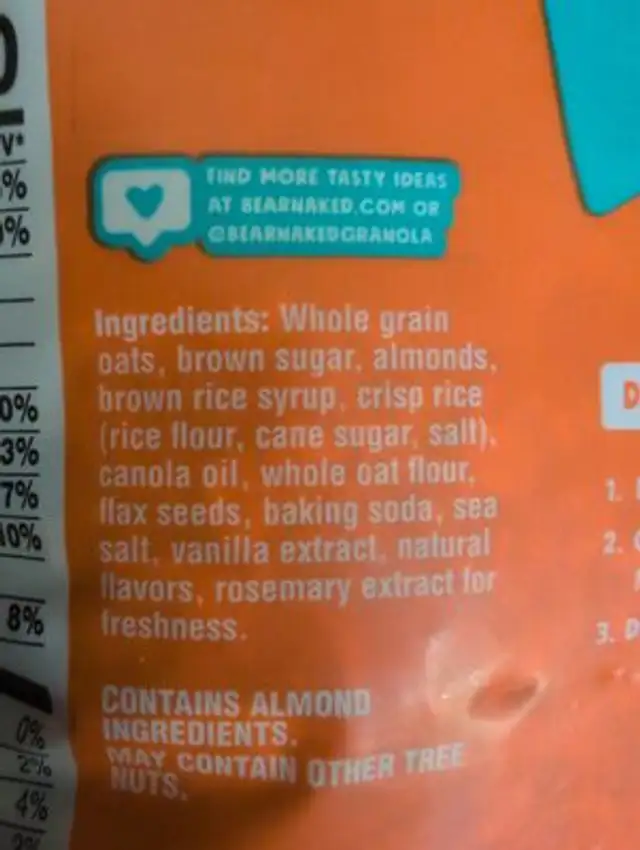 Vanilla Granola ingredients label