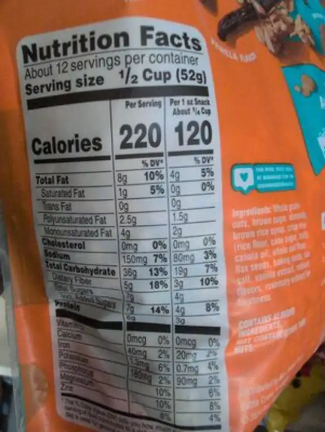Vanilla Granola nutrition facts table