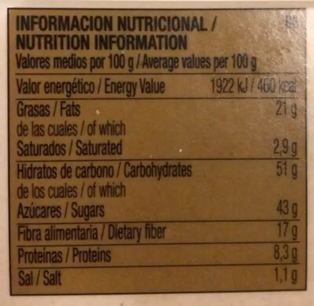 Turrón de Cacahuete Blando nutrition facts table