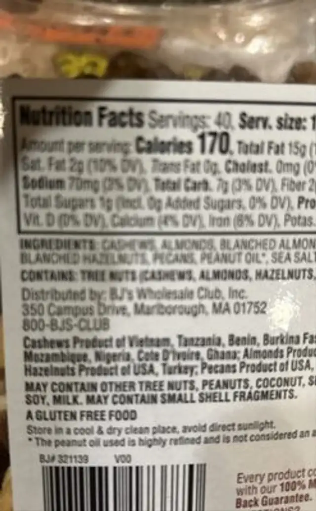 Mixed Nuts nutrition facts table