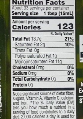 Robust Extra Virgin Olive Oil nutrition facts table