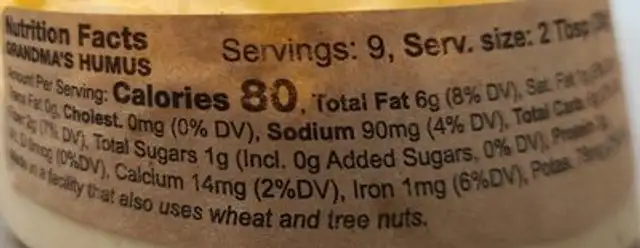 Grandma's Humus nutrition facts table